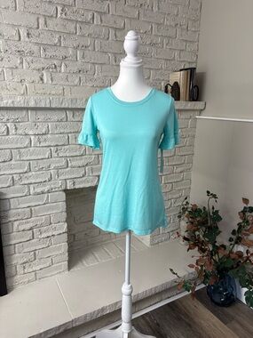 NWT Tribal Women's Sea Haze Aqua Ruffle Sleeve Crewneck Tee Size XS